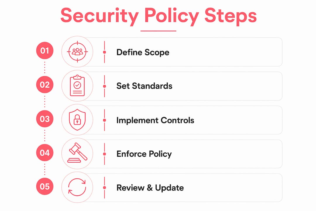 Corporate Security Policy: A Complete Guide for Managers Infographic illustrating corporate security policy steps