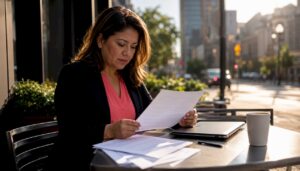 Manager reviewing printed corporate security policy