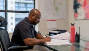 Security supervisor reviewing printed post orders in office
