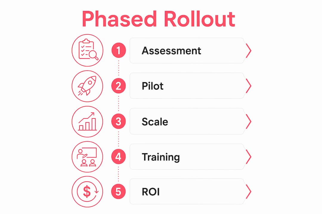 Retail Loss Prevention Strategies for Executives Infographic showing phased rollout steps for loss prevention program
