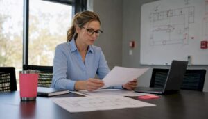 Safety manager reviewing evacuation plans in office