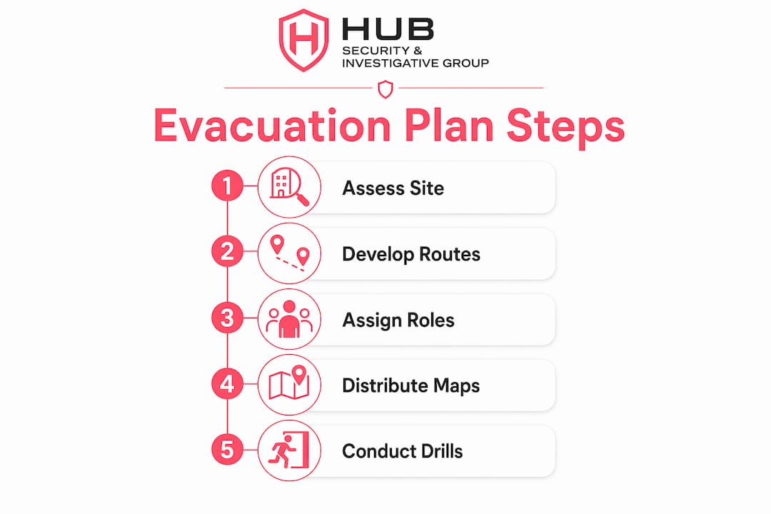 Emergency Evacuation Planning: A Professional Guide Infographic outlining emergency evacuation planning steps