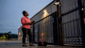 Consultant inspecting warehouse security camera