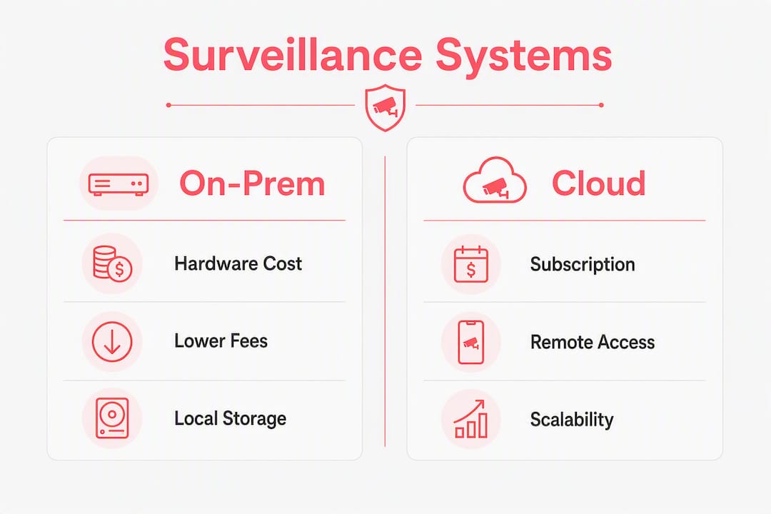 Split infographic comparing on-prem and cloud camera systems