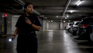 Security officer patrolling evening parking garage