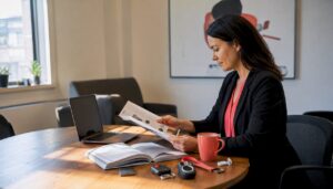 Safety manager reviewing lone worker device materials