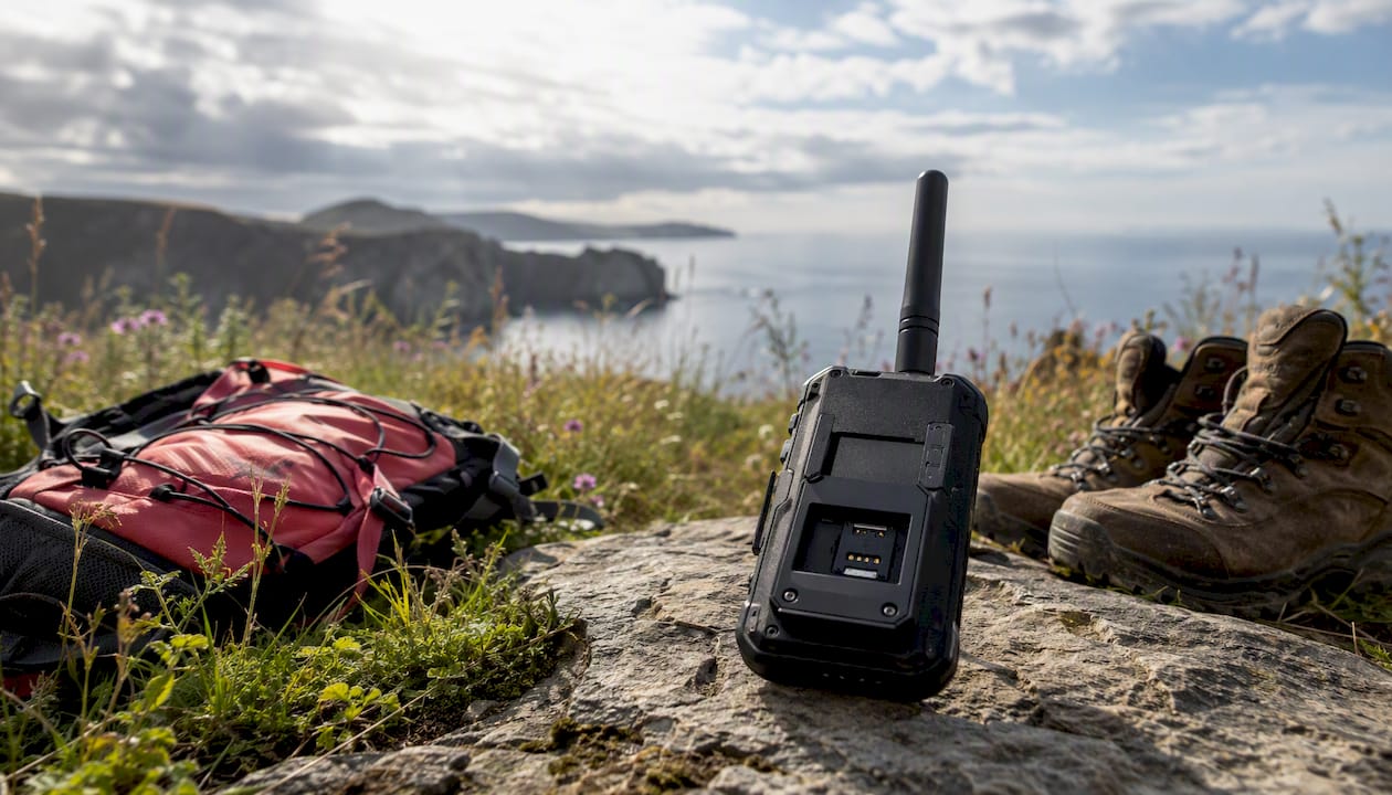 Dedicated lone worker device outdoors on rocky ledge