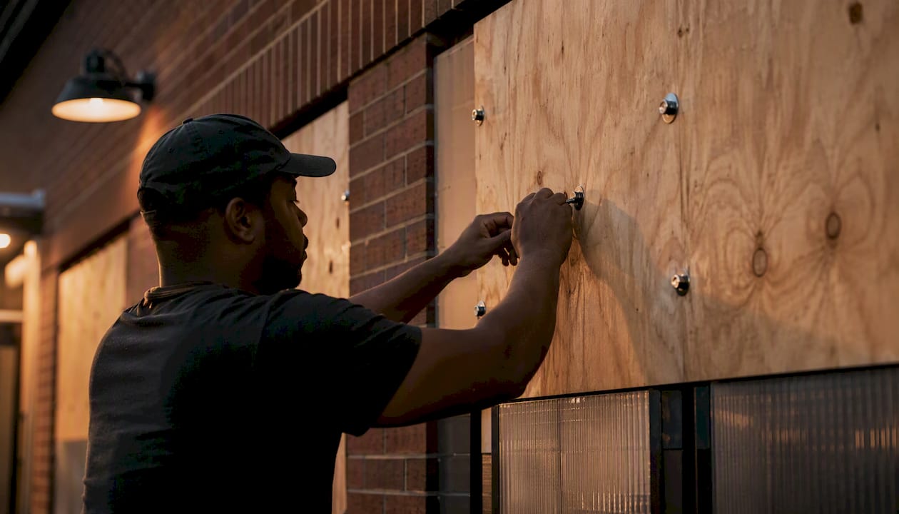 Hands installing secure plywood board on window