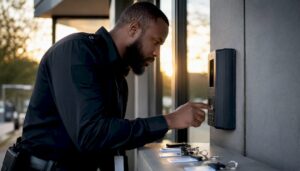 Security guard checking access control panel