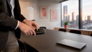 Hands adjusting professional audio recorder