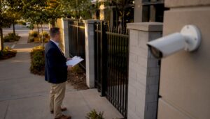 Security consultant inspecting exterior building perimeter