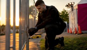 Security guard inspecting event venue gate