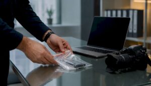 Hands sealing evidence bag on desk