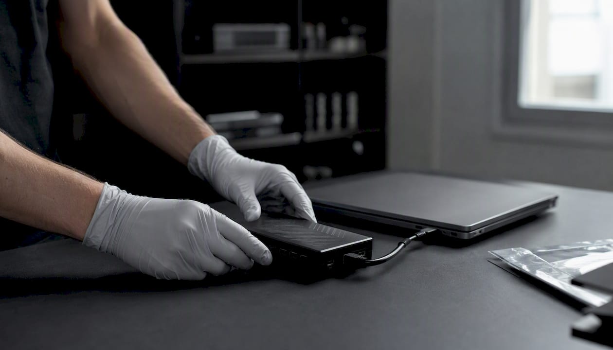 How to Conduct a Defensible Employee Theft Investigation Hands connecting forensic write-blocker