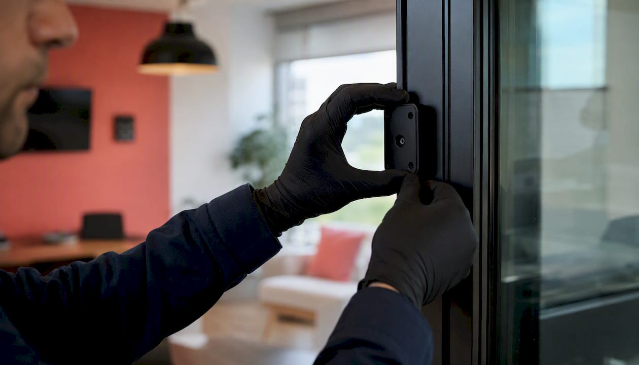 Executive Residence Security for High-Profile Households Hands installing security sensor on window frame