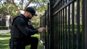 Security expert inspecting residential fence lock