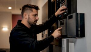 Security professional interacting with alarm system controls