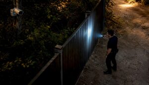 Technician inspecting warehouse perimeter fence at dusk
