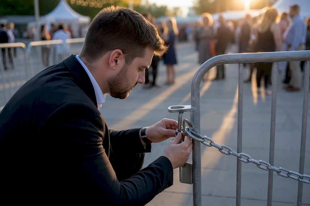 Engineer adjusting event site barrier lock