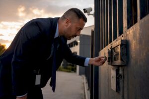 Security expert inspecting gate lock vulnerability
