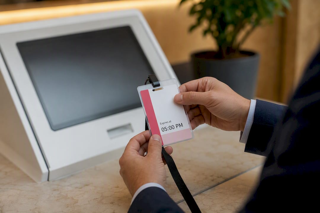 Hand holding color-coded visitor badge