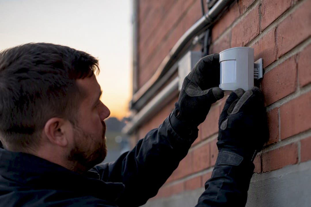 Overnight Security for Businesses: What Facility Managers Need Technician installing outdoor motion sensor