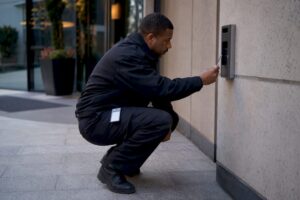 Security guard inspecting high-rise entrance gate