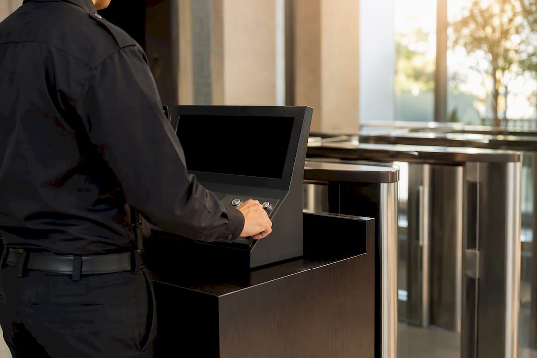 Guard operating lobby speed gate controls