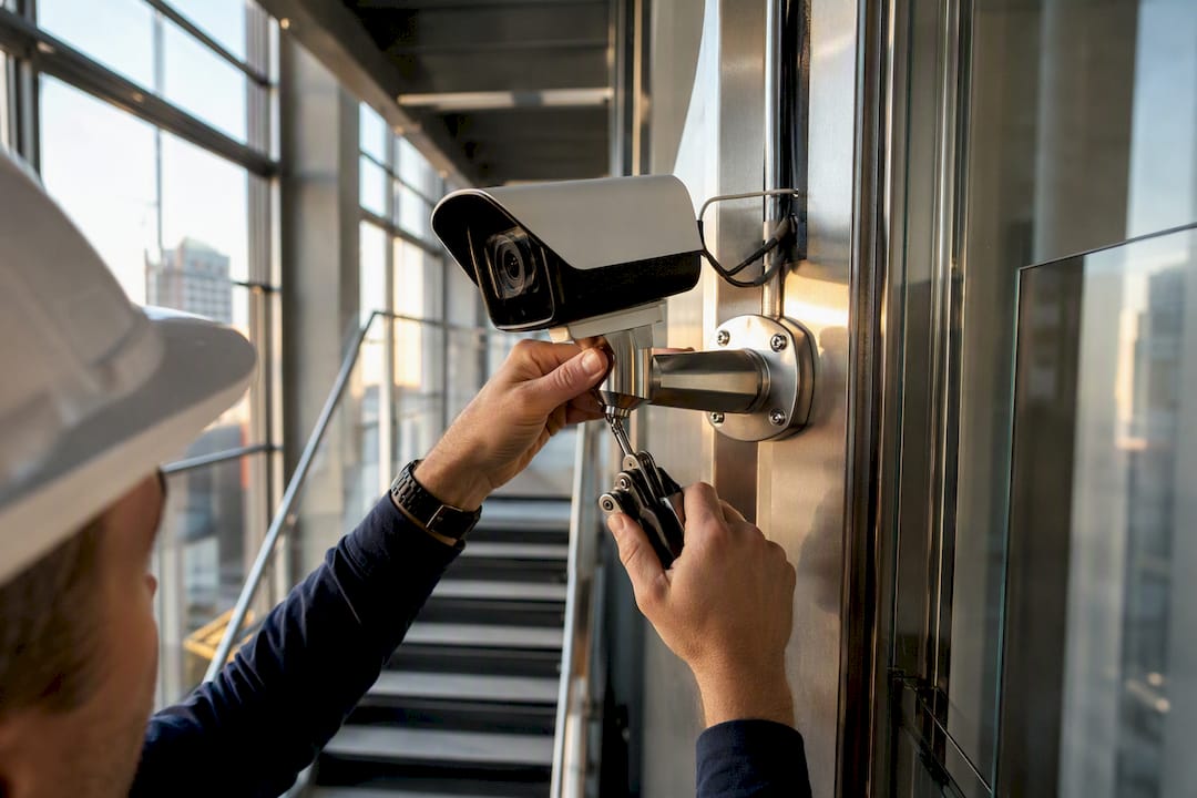 Technician installing security camera in stairwell