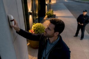 Security expert triggering alarm with guard responding