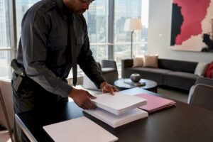 Security guard handling unbranded RFP paperwork