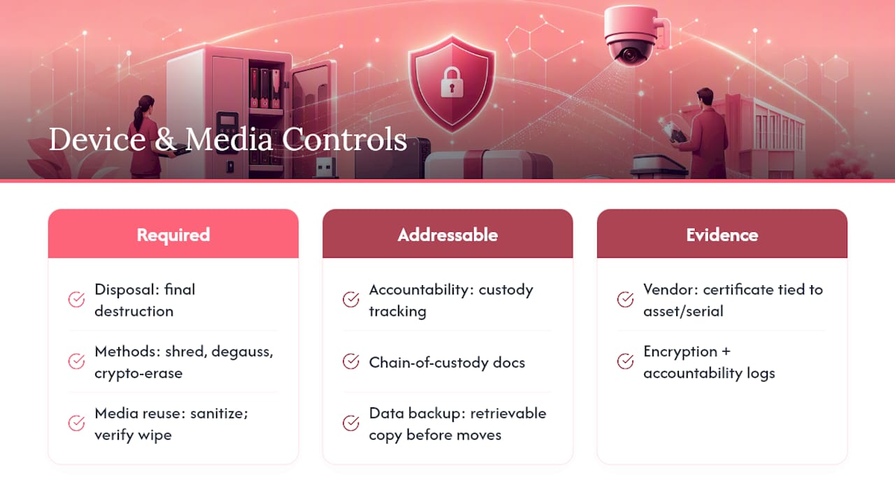 4 HIPAA Physical Safeguards: Audit Ready Checklist for U.S. Facilities Device and Media Controls: Disposal, Reuse, and Chain of Custody — overview diagram