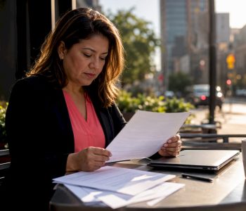 Manager reviewing printed corporate security policy