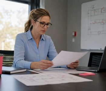 Safety manager reviewing evacuation plans in office